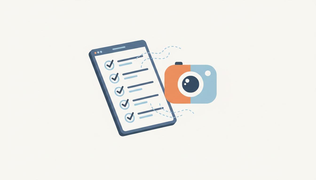 A stylized camera icon rests beside an organized digital checklist featuring clean geometric lines. The composition uses a professional soft orange and blue color palette to highlight the data collection process.