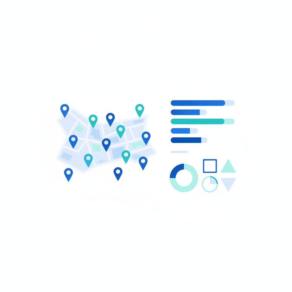 A flat-design dashboard interface features a central map with several blue and teal location pins. Surrounding data widgets display rising bar charts and geometric growth indicators against a clean white background.