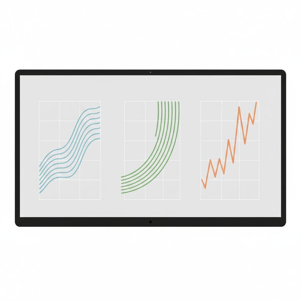 A minimalist digital screen displays several clean line graphs that tilt upward against a neutral background. The visualization uses soft color accents to highlight increasing growth trends for business metrics.