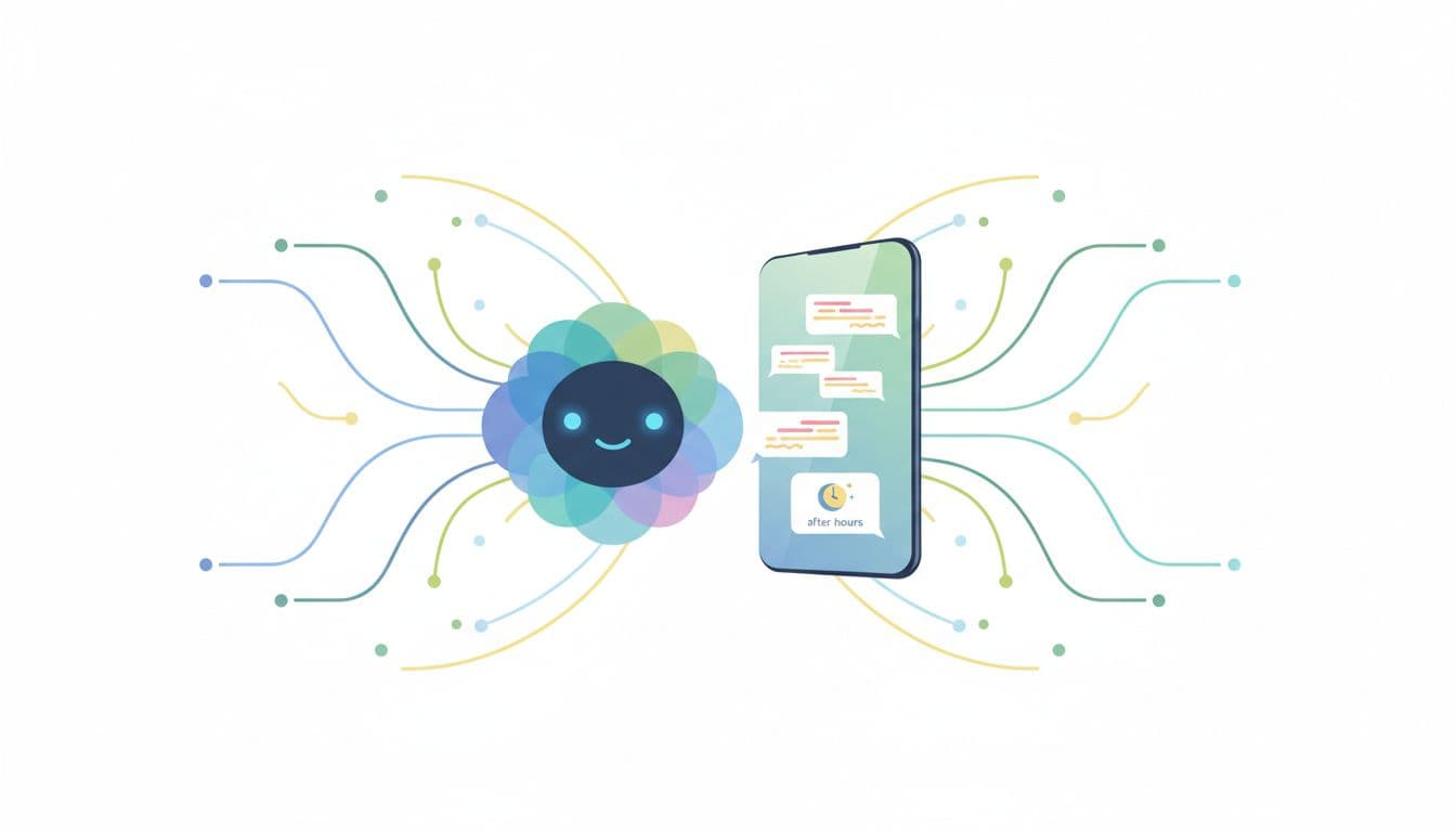 A modern chatbot interface icon rests beside a smartphone on a clean white background.