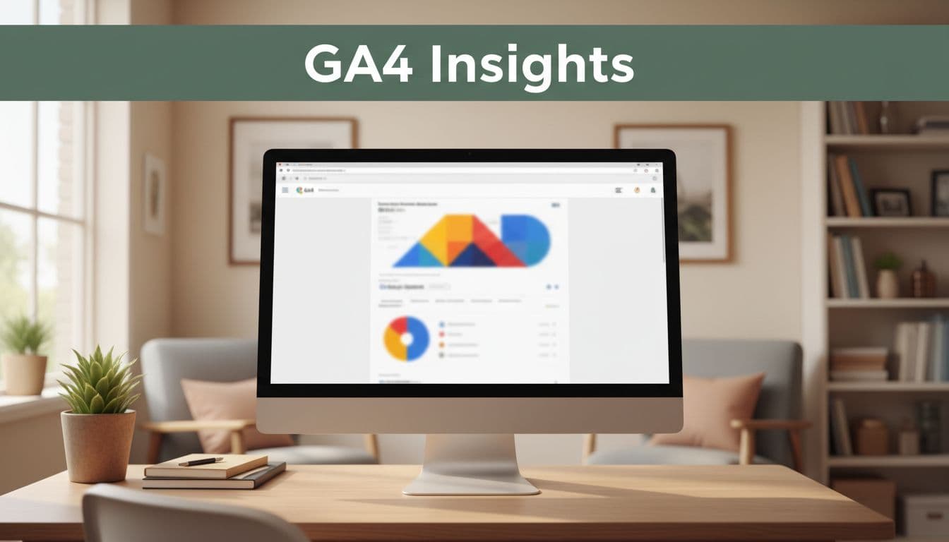 Computer screen in cozy office shows blurred GA4 analytics with Google Analytics Insights headline on dark-green band.