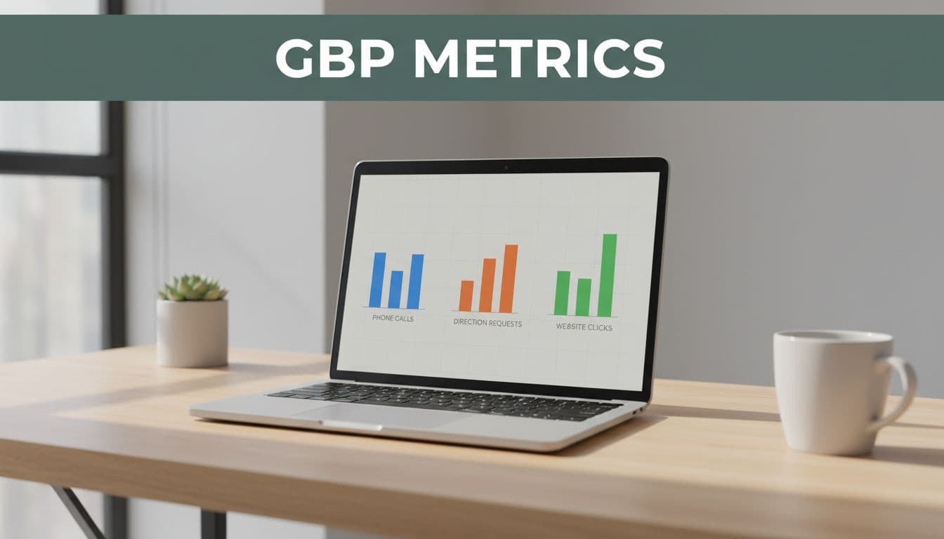 Laptop on office desk displays dashboard graphs for phone calls, direction requests, and website clicks under GBP Metrics headline.