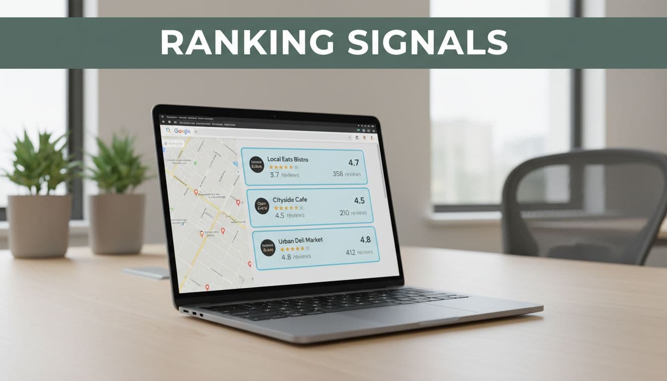 Laptop on office desk shows angled Google Local Pack with three businesses, star ratings, review counts, and top 'Ranking Signals' banner.