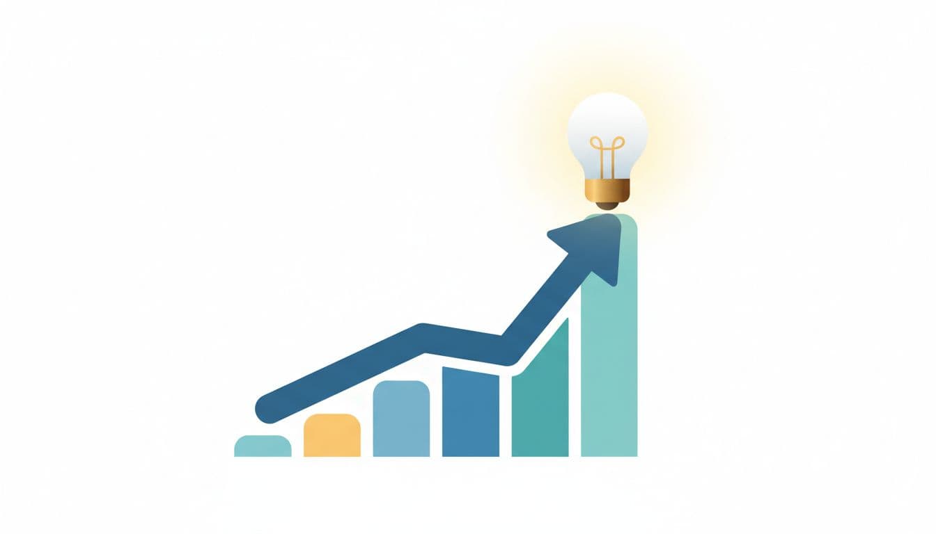 A minimalist graphic shows a rising upward chart line accompanied by a glowing lightbulb symbol.