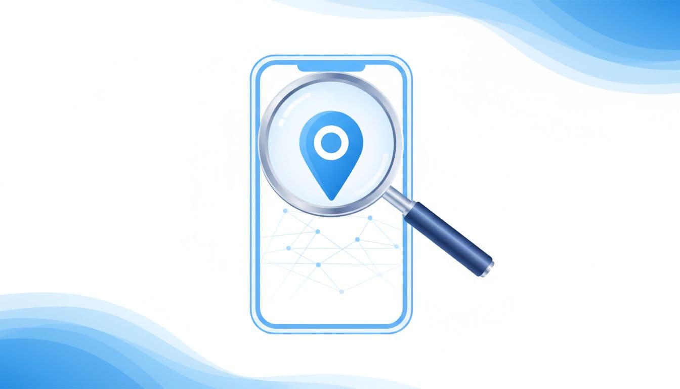 A magnifying glass hovers over a blue location pin displayed on a smartphone screen. The clean, minimalist design features soft blue accents set against a stark white, professional studio background.
