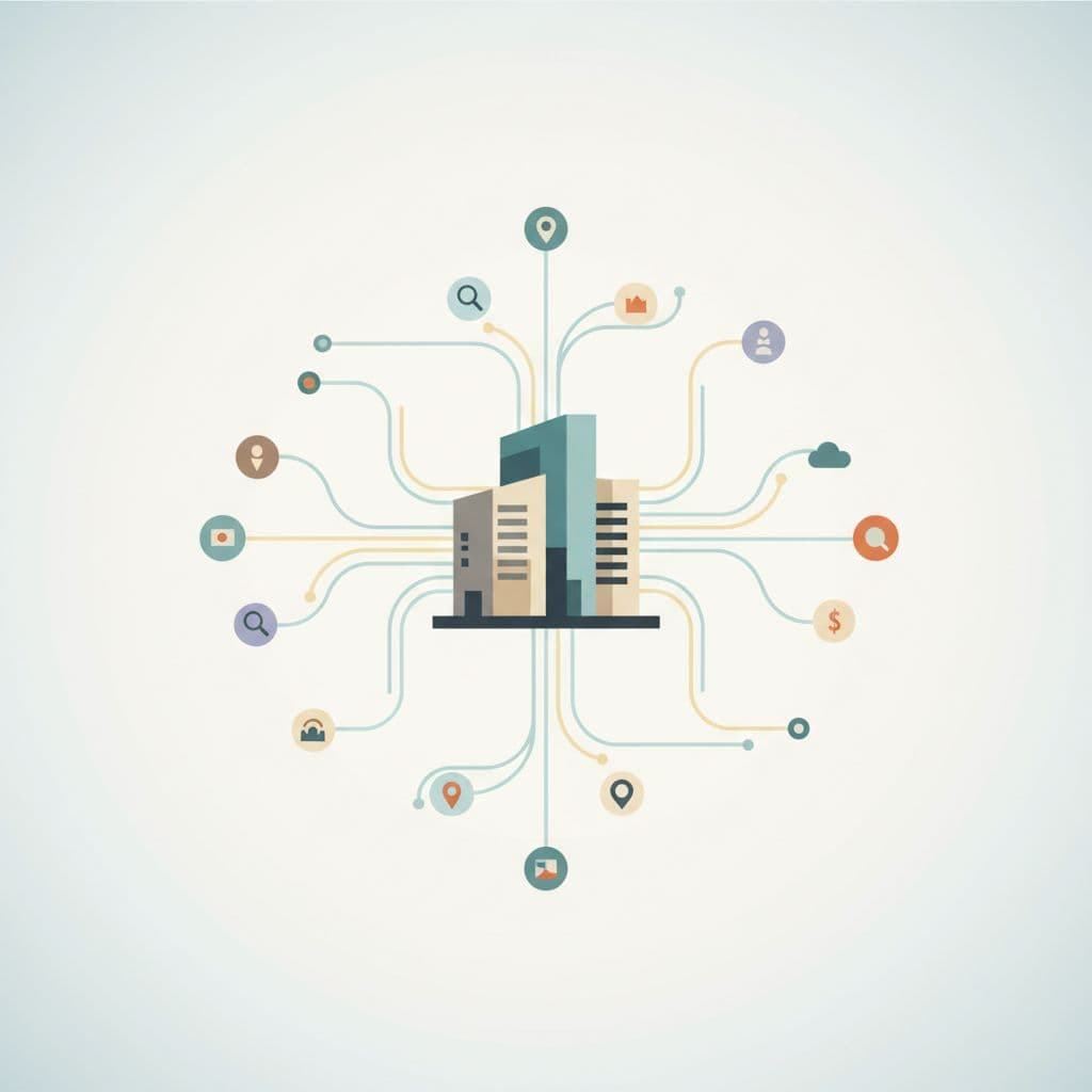 A central building icon connects to various digital map pins using clean lines in a muted palette.