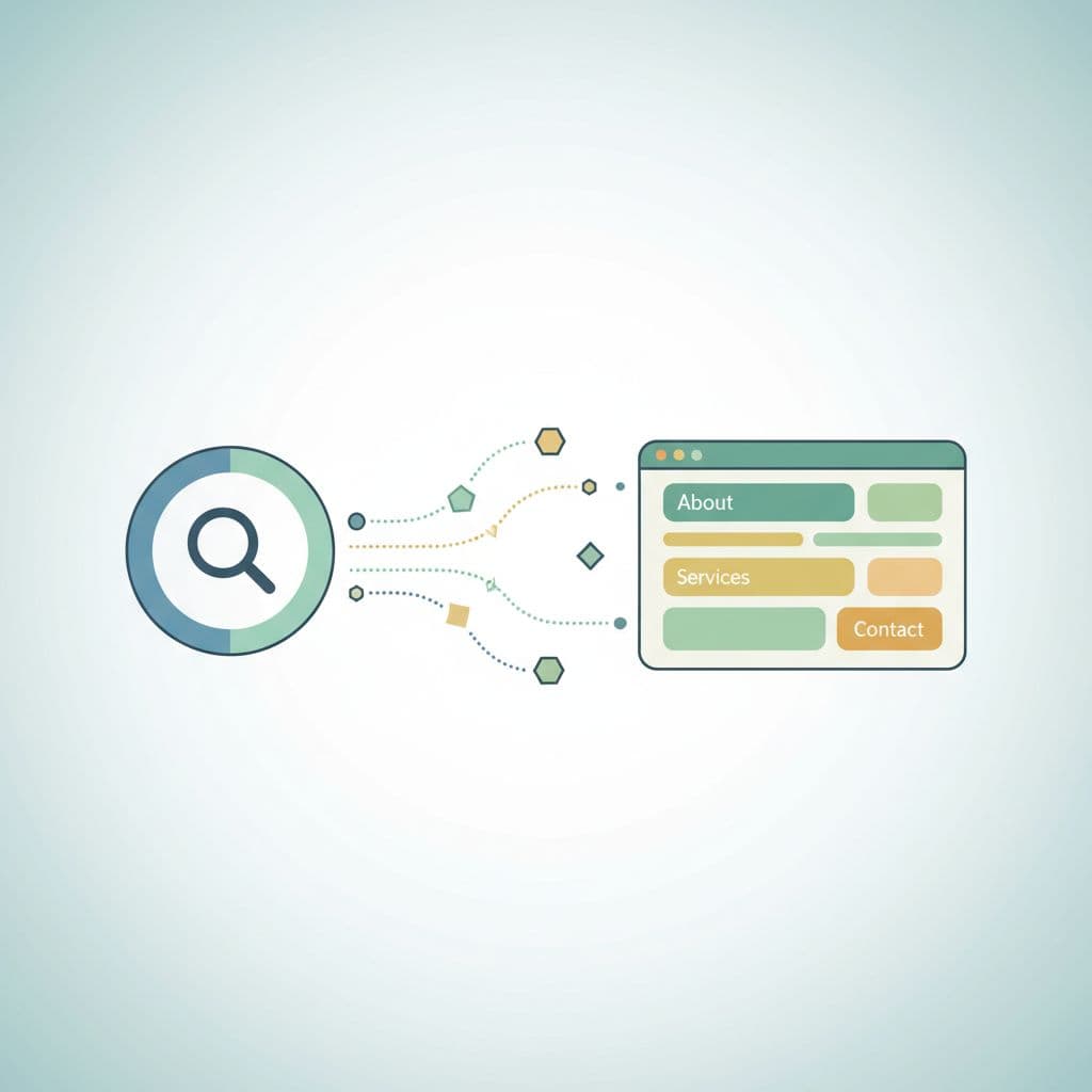 Stylized data lines bridge a local business website icon and a central search engine symbol. Soft geometric shapes and a minimal color scheme depict the flow of structured digital information.
