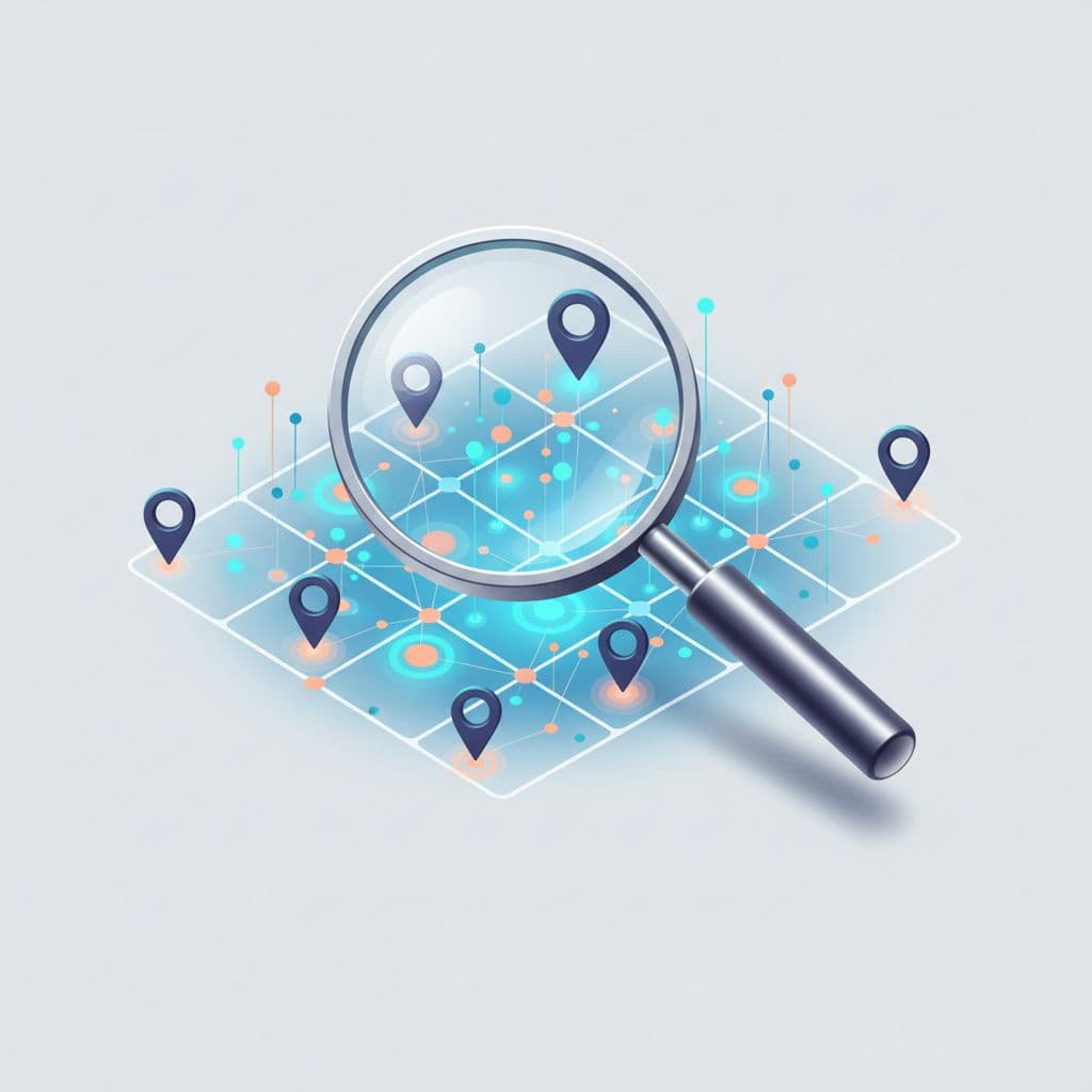A handheld magnifying glass focuses on a grid of blue location pins arranged on a dark background. Glowing data points emerge underneath the pins to represent high-performing search metrics across regions.
