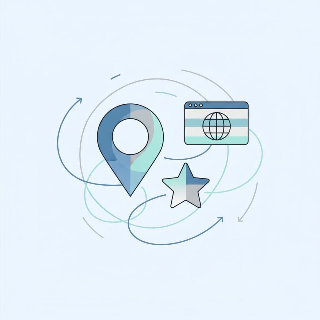 A minimalist graphic depicting interconnected map pins, review stars, and web icons in soft blue tones.