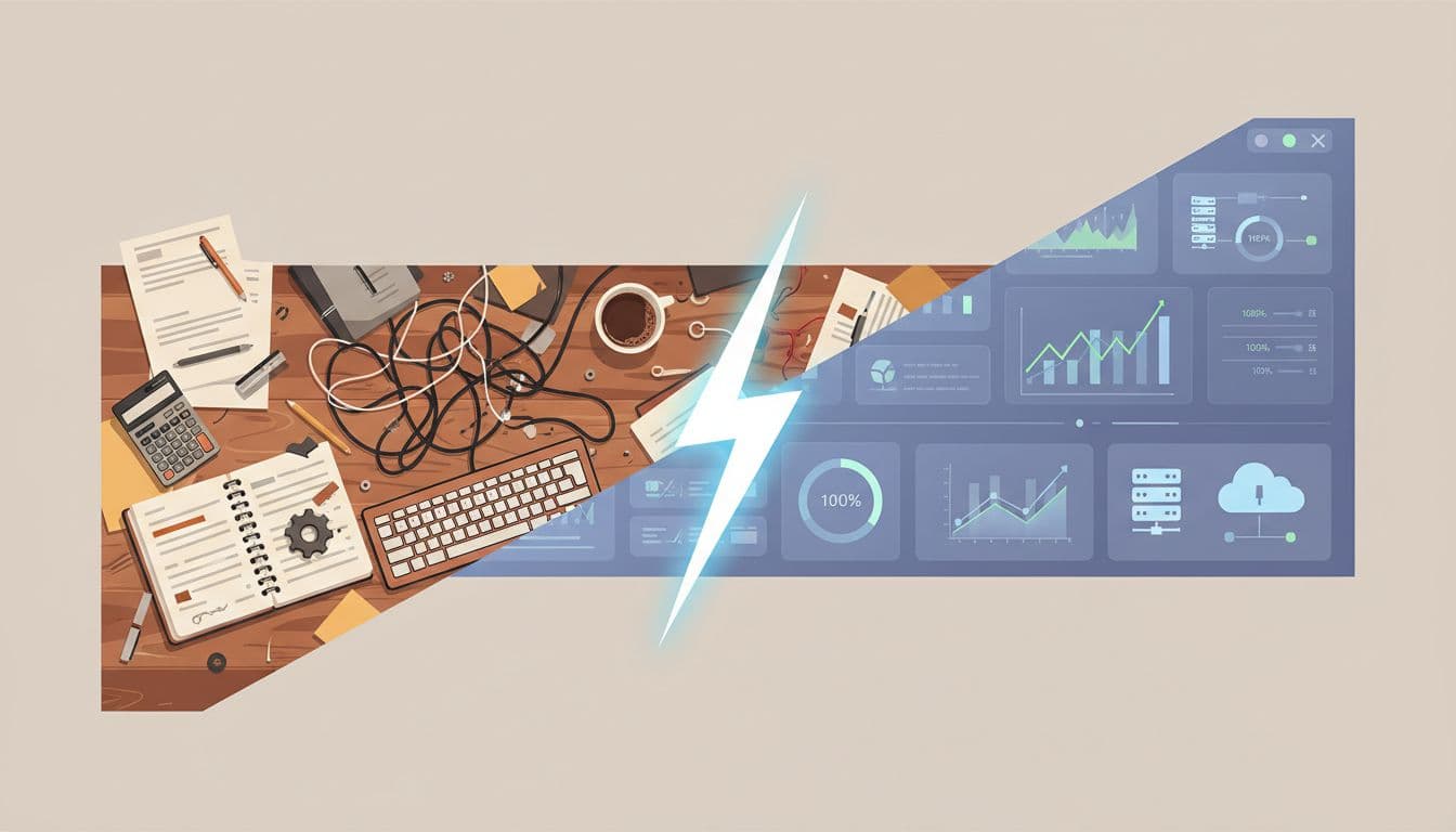 A split screen illustration comparing a cluttered manual desk with a streamlined digital dashboard.