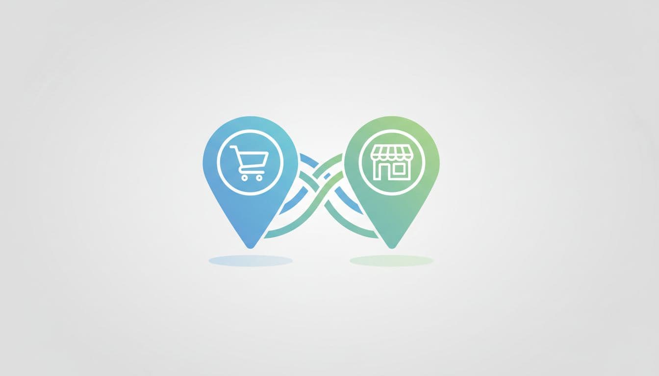Two digital shop location pins are shown merging into a single icon against a neutral background.