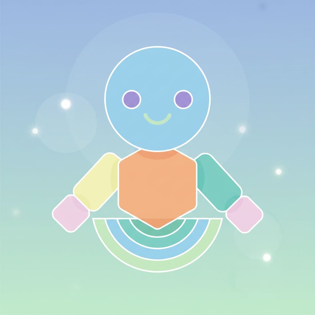 A minimalist character composed of clean, rounded geometric shapes features soft pastel tones. The figure sits against a plain background, projecting a welcoming and friendly aesthetic suitable for automated service interfaces.