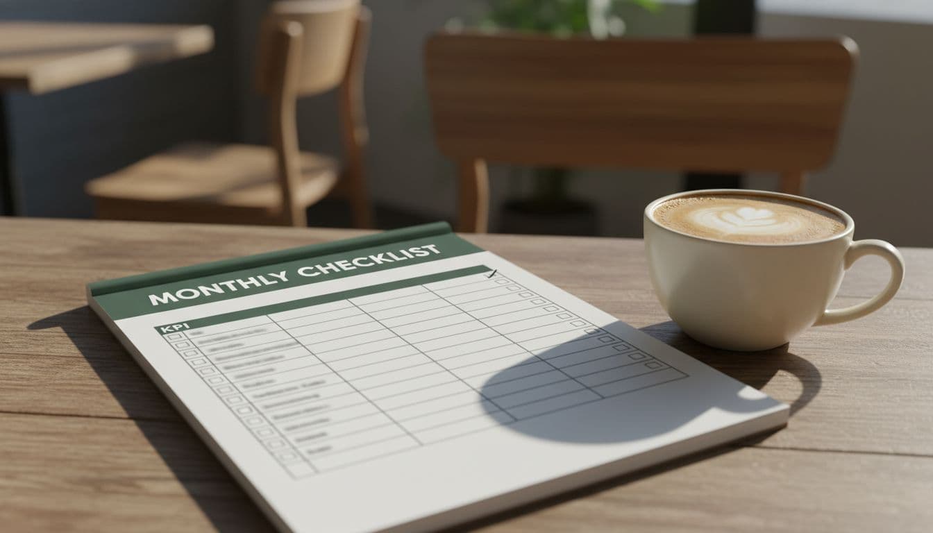 Notepad with simple monthly KPI table next to coffee mug on cafe table, green band with 'Monthly Checklist' headline at top.