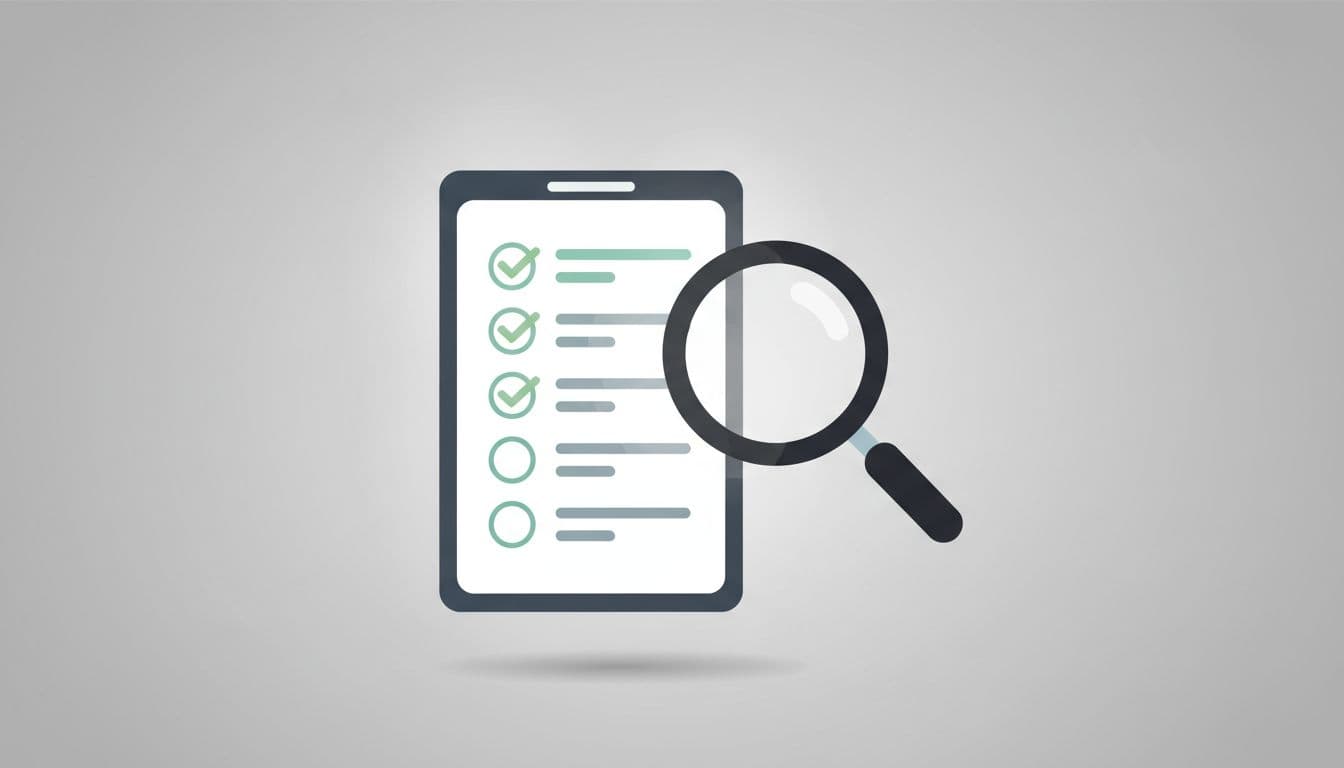 A digital device displays a checklist icon next to a magnifying glass on a neutral background.
