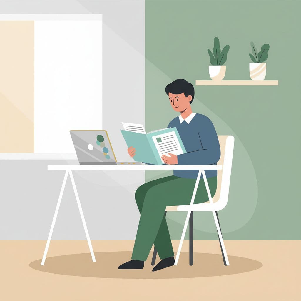 A professional sits at a clean desk reviewing compliance documents on a laptop.