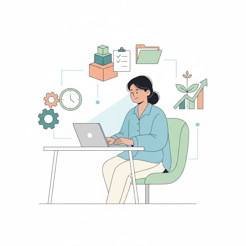 A business owner works on a laptop surrounded by floating icons representing productivity and organization.