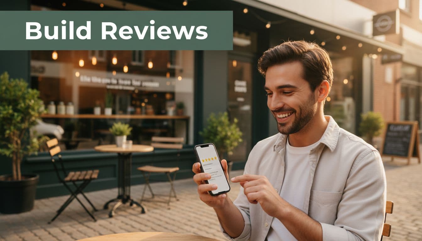 Smiling customer holds phone typing review at outdoor cafe with storefront behind and 'Build Reviews' green banner above.