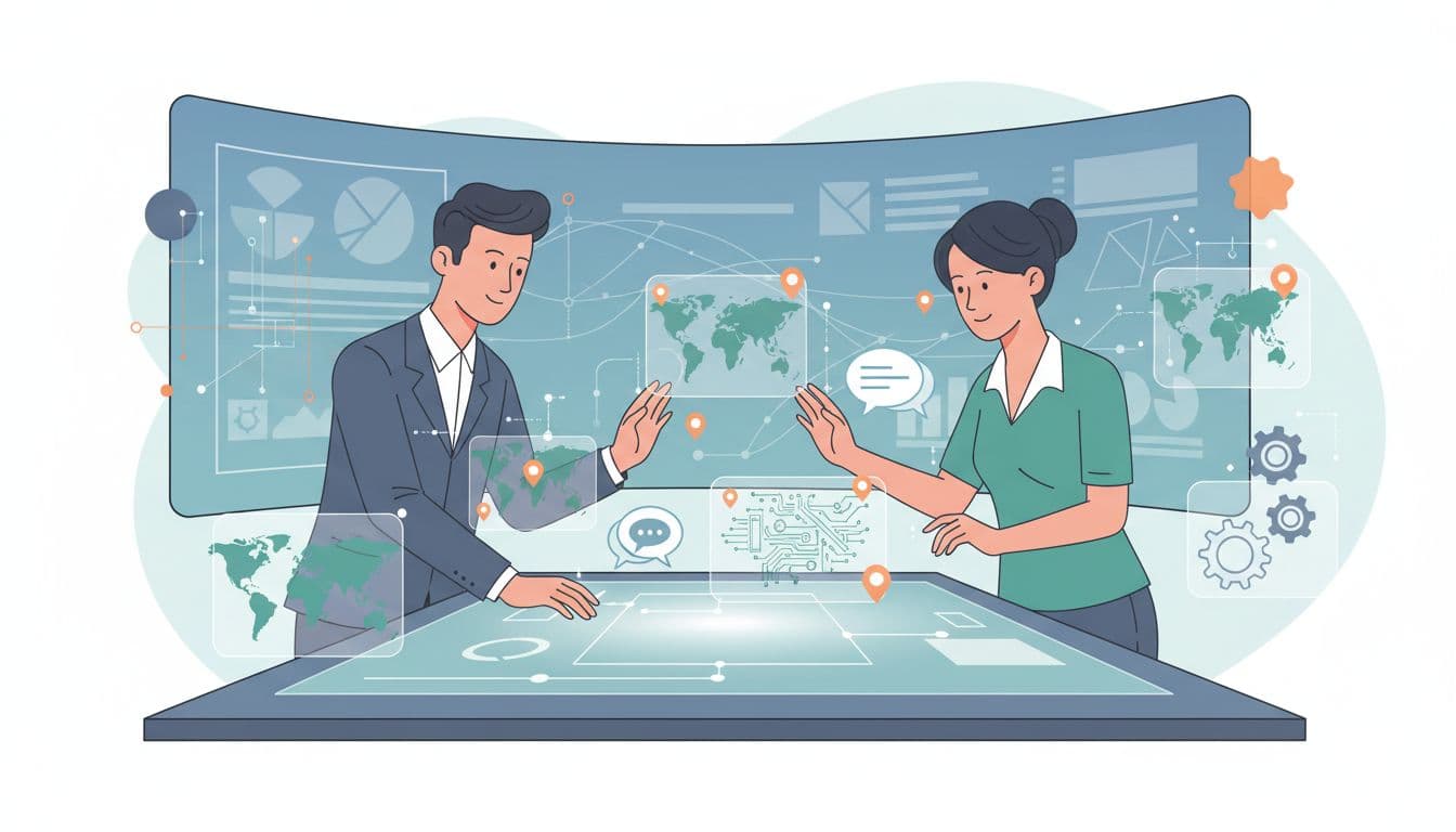 Two professionals analyze glowing digital icons of maps, chat bubbles, and gears displayed on a large interactive table. The vibrant, clean design highlights their coordination on complex local marketing campaigns.