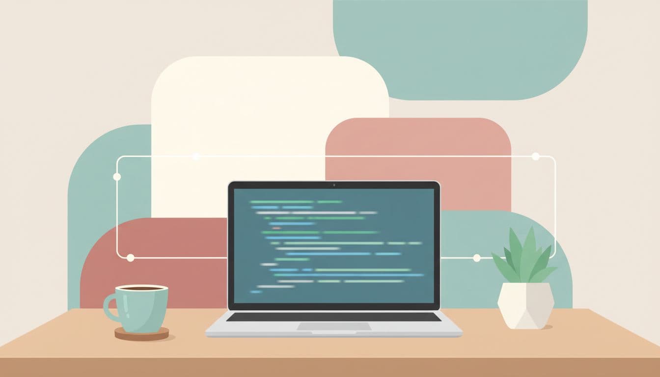 A minimalist desk setup features a laptop screen displaying rows of stylized, colorful code. Abstract geometric shapes float in the background, representing structured data and digital organization in a clean environment.