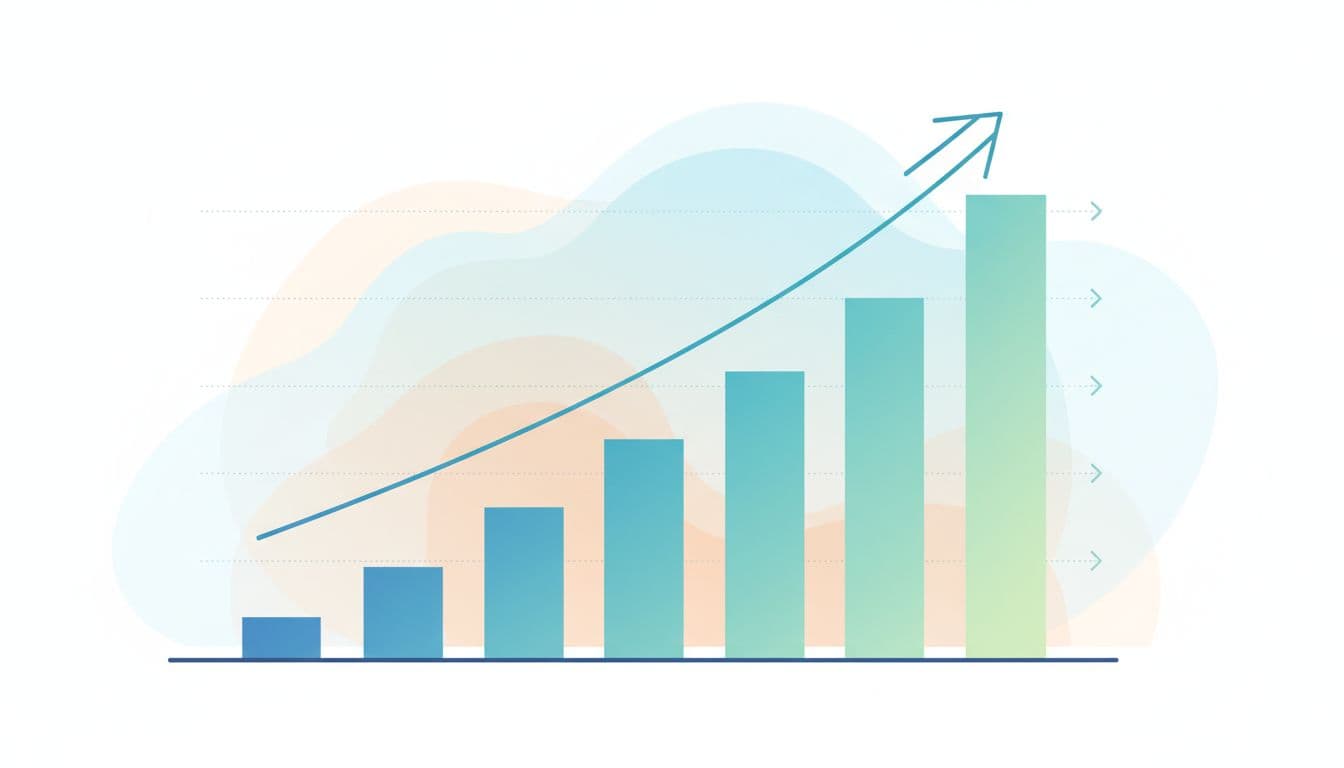 A clean geometric bar chart shows a steady upward trend against a soft minimalist background.