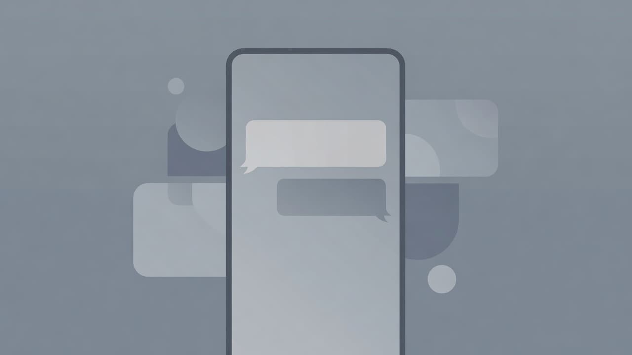 A stylized smartphone screen displays a single outgoing chat bubble against a minimalist background. The sleek design features muted tones and geometric shapes to represent automated business communication systems for professionals.