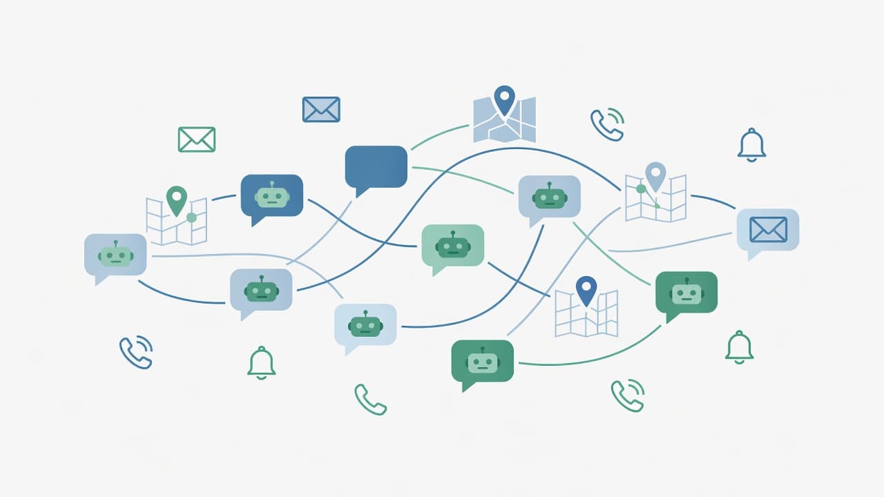 A clean illustration features interconnected nodes displayed in soft blue and green hues. Various geometric icons representing chat bubbles and navigation pins link together to visualize a cohesive professional data ecosystem.