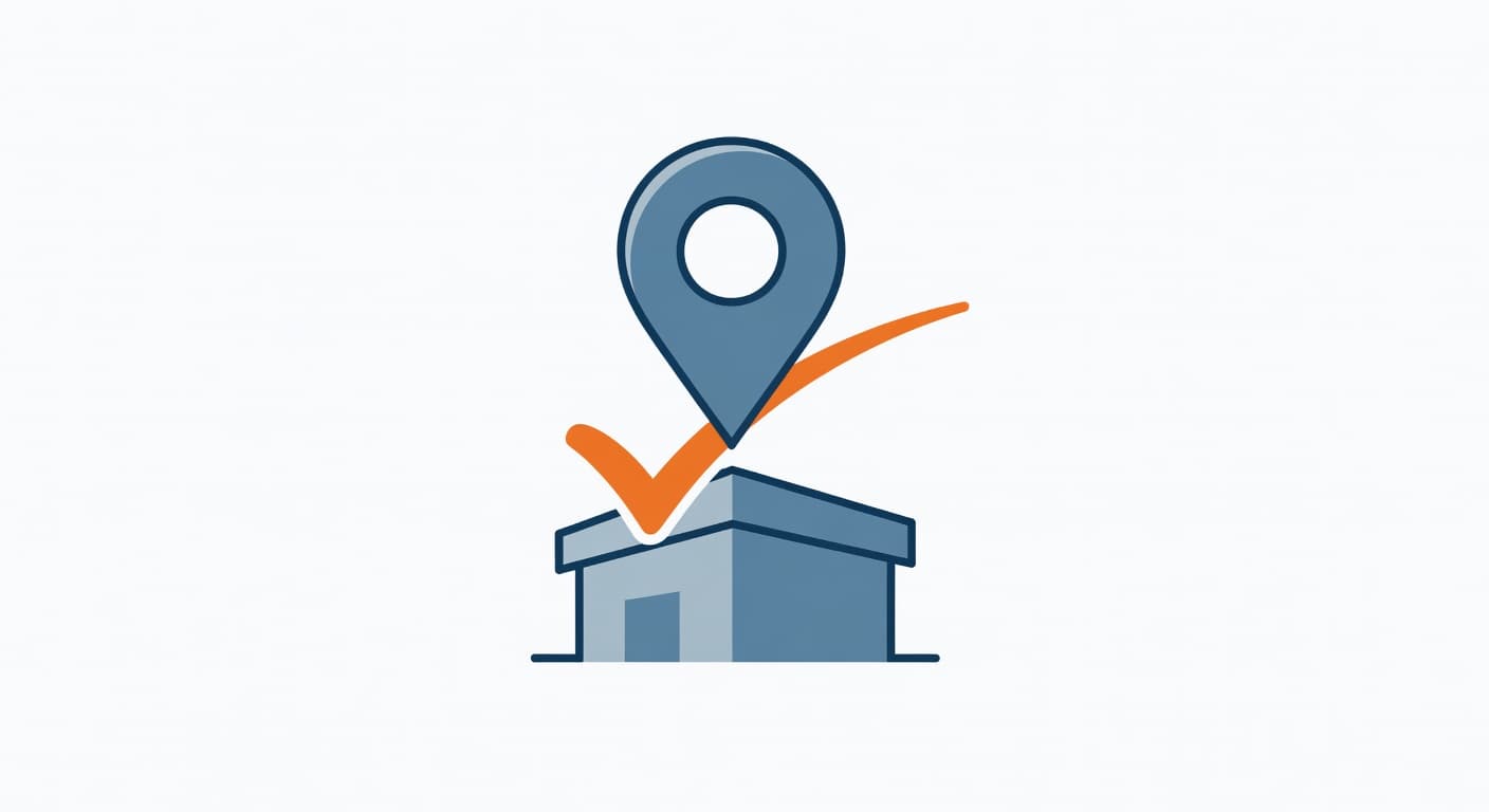 A vibrant red map pin rests above the clean, minimalist silhouette of a commercial building. The composition uses flat vector shapes and a professional blue color palette to represent digital presence.