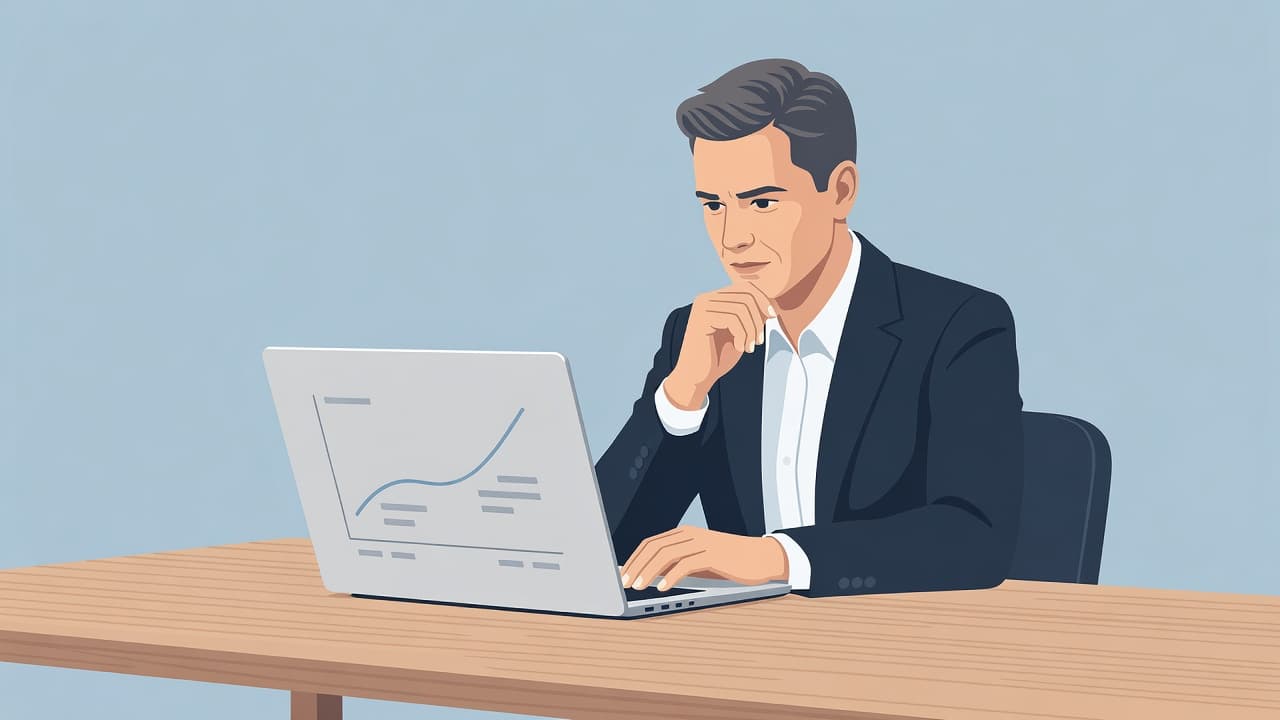 A focused professional sits at a clean wooden desk, carefully reviewing an analytics chart displayed on a laptop screen. The modern illustration features soft lighting and a muted, professional color palette.