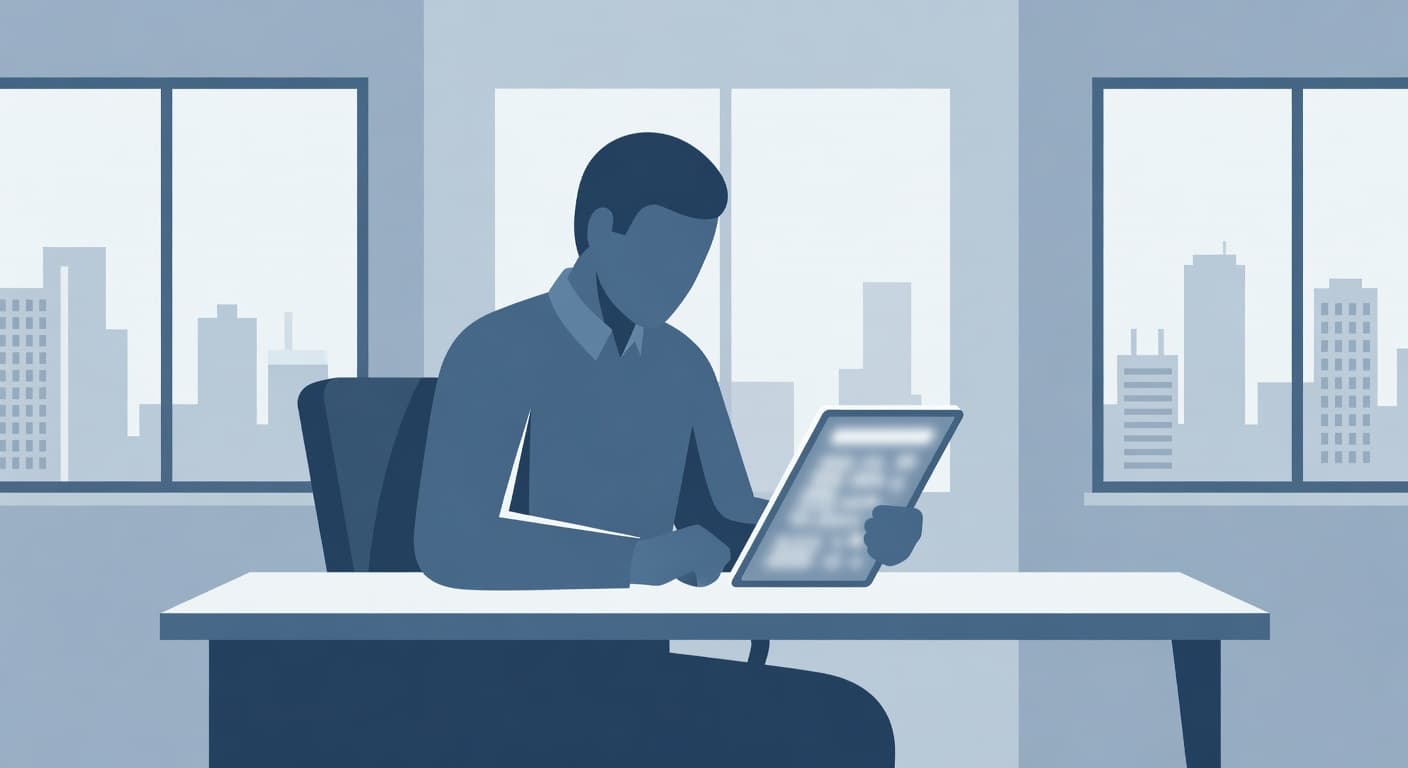 A stylized vector illustration shows a tablet held in a bright office environment. Soft blue and neutral tones define the clean workspace, highlighting a sharp focus on modern digital business tools.