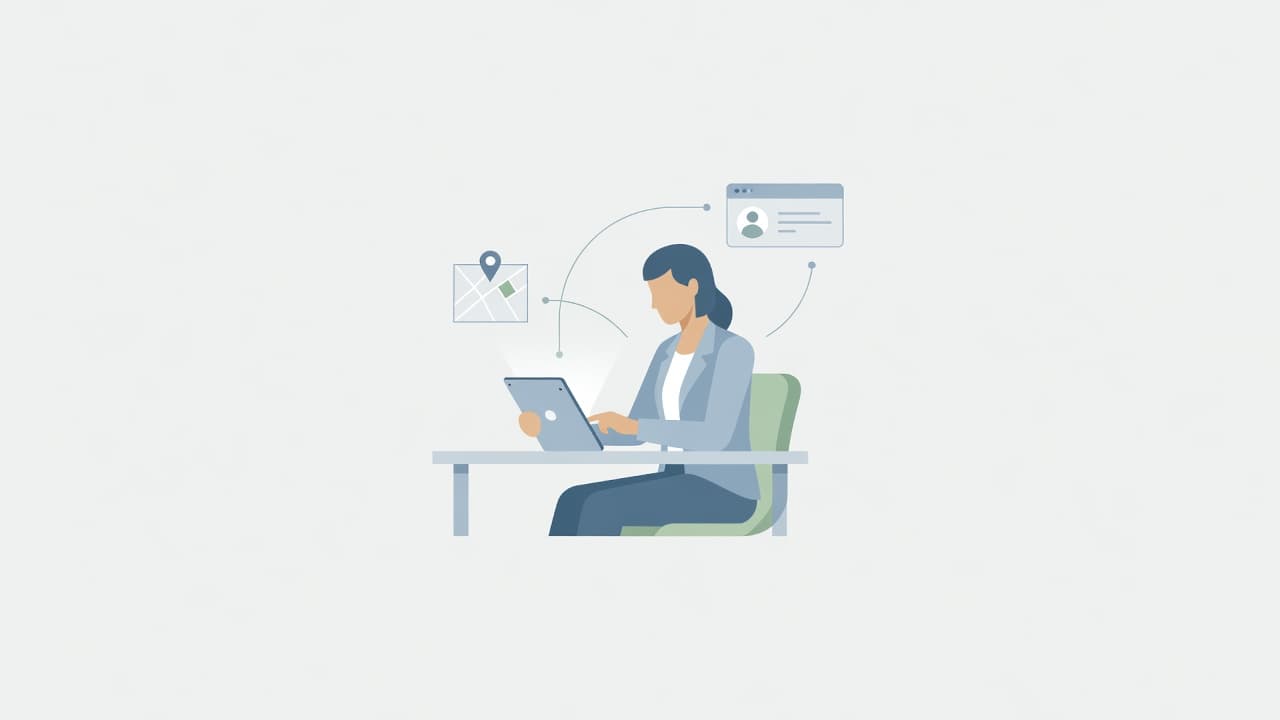 A stylized business owner uses a sleek tablet at a minimalist desk, surrounded by floating vector icons representing location maps and professional profiles to illustrate a digital presence management strategy.