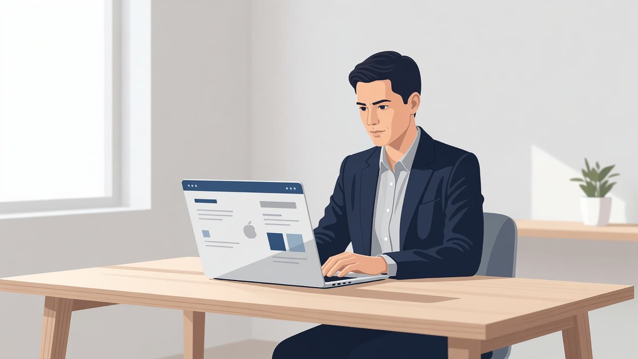 A focused business owner sits at a minimalist desk inside a sunlit office, typing on a modern laptop to manage their website. Neutral walls and indoor plants create a professional atmosphere.