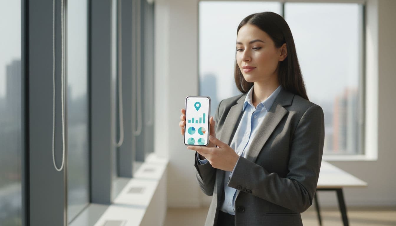 A professional business owner stands in a bright office environment, holding a smartphone that displays a colorful lead generation dashboard. Soft, warm light illuminates the clean shapes and minimalist workspace background.