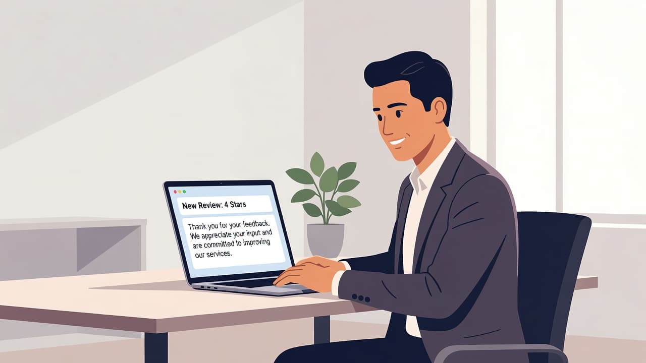 A focused individual sits at a clean minimalist desk, carefully reviewing customer feedback on a sleek laptop screen. Soft ambient light highlights the workspace, creating a serene and productive professional atmosphere.