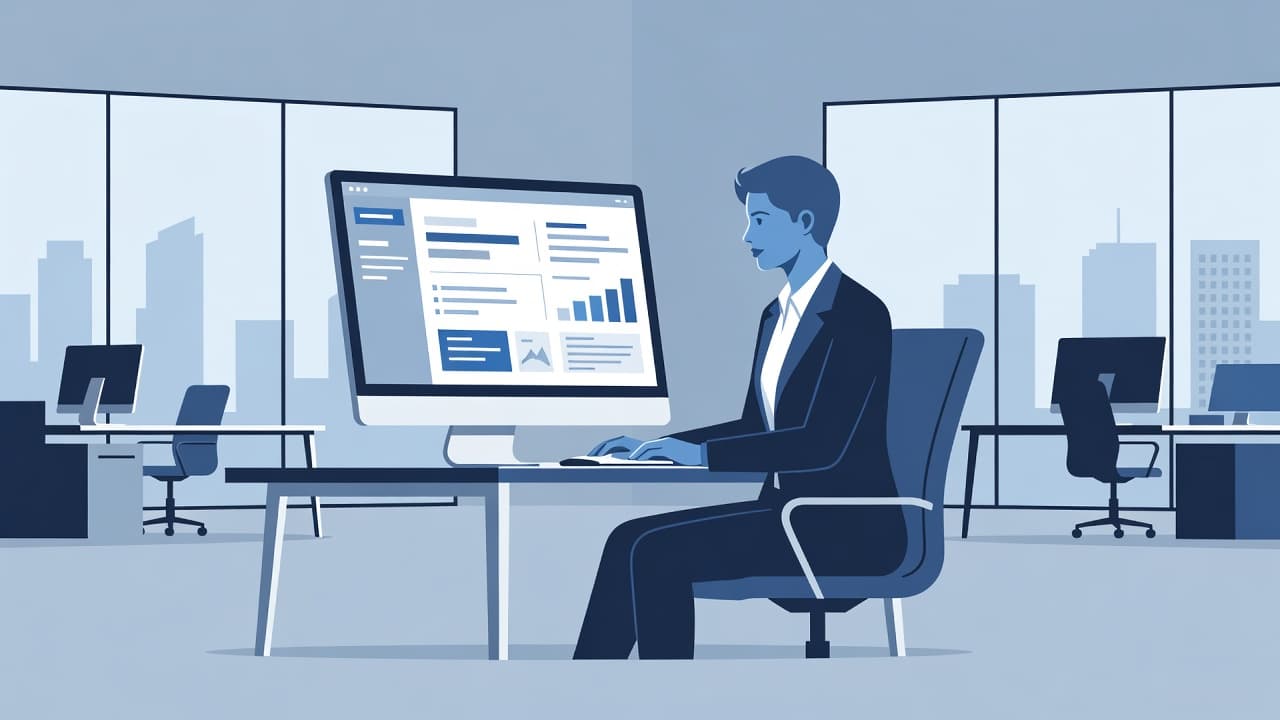 A focused professional sits at a clean desk viewing a digital dashboard on a computer screen. The minimalist illustration uses soft geometric shapes and a professional blue color palette throughout.