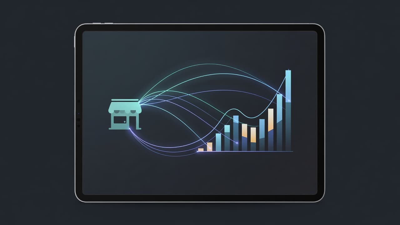 A sleek tablet displays a glowing digital dashboard featuring interconnected light paths between a storefront icon and data charts. Geometric shapes represent organized analytical tracking across a dark, minimalist interface.