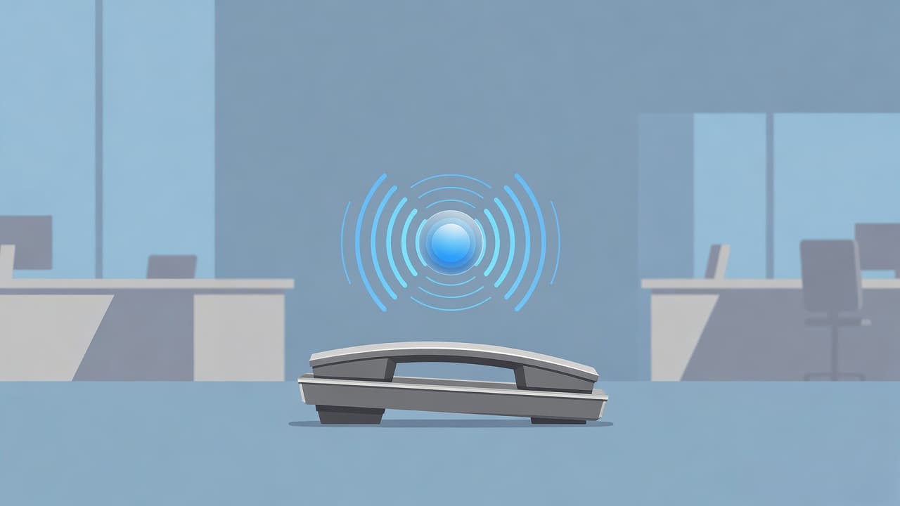 A glowing blue communication icon hovers above a sleek office telephone on a minimalist desk. The scene uses cool grey tones and clean vector lines to represent modern professional connectivity.