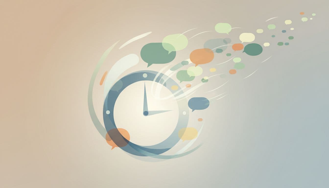 A minimalist circular clock design integrates stylized speech bubbles around its periphery to symbolize rapid digital communication. Soft, neutral shadows ground the crisp shapes against a clean, professional grey studio background.