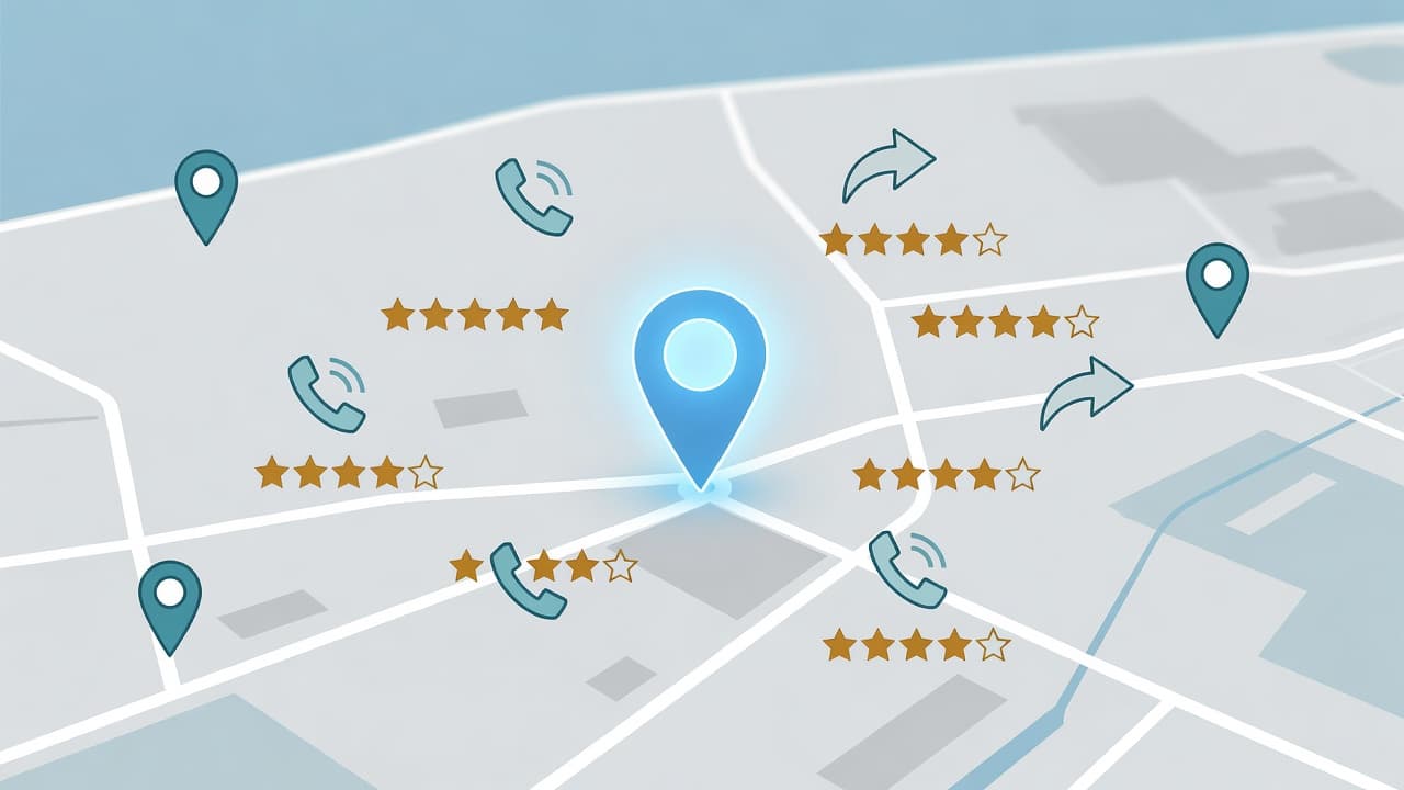 A clean digital map displays a glowing location pin surrounded by intuitive interface icons for customer reviews, phone calls, and navigation. The refined design uses soft colors to highlight professional accessibility.