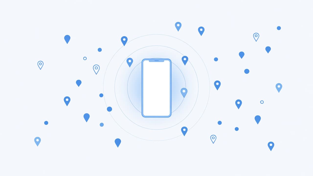 A glowing mobile device screen centered among floating geometric location pins and abstract signal waves. The composition uses soft blue and white hues to convey seamless digital connectivity and regional navigation.