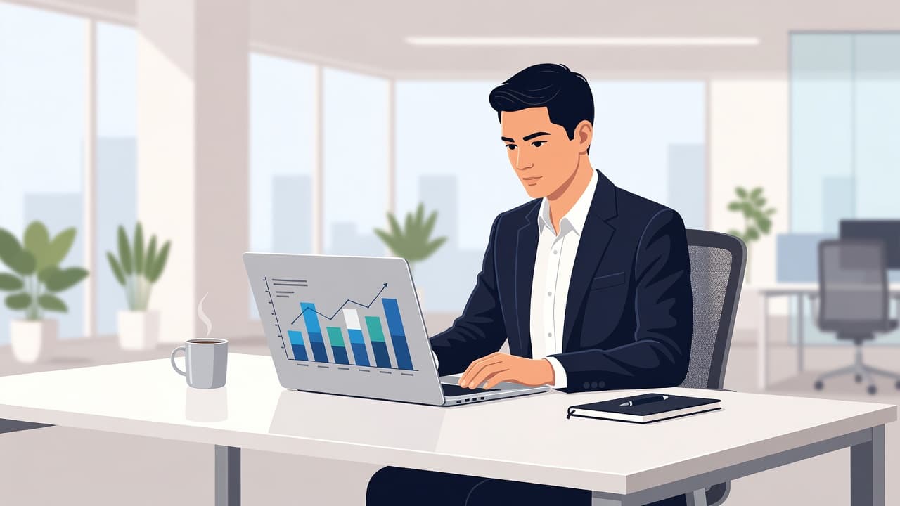 A focused professional sits at a clean, white desk reviewing colorful website traffic bar charts on an open laptop screen. Soft ambient light illuminates the minimalist office environment during deep work.