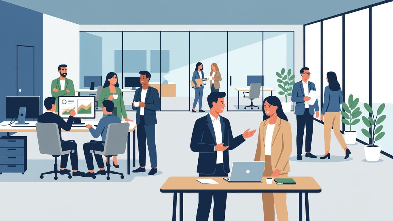 A diverse group of colleagues interacts within a bright, minimalist workspace featuring clean geometric lines. The illustration highlights an organized environment where coworkers engage in casual discussions near functional office furniture.