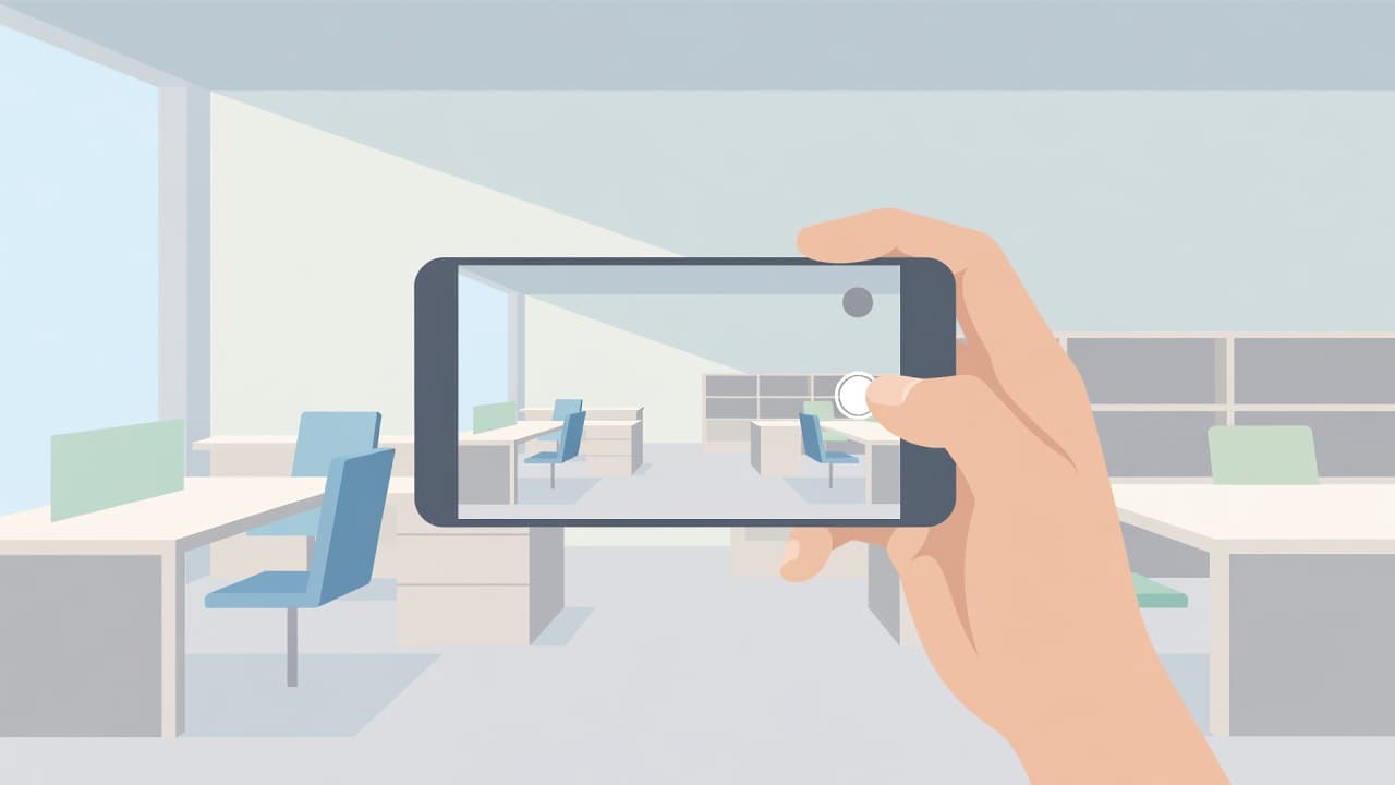A hand holds a smartphone screen toward a minimalist, brightly lit workspace to capture an image. Clean geometric lines and flat color blocks define the professional office environment depicted on screen.