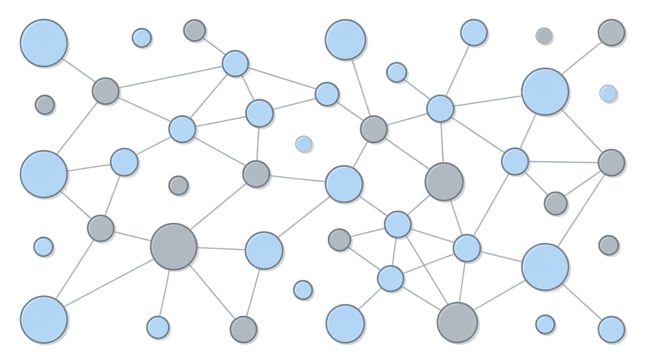 Clean circular nodes are systematically arranged in an interconnected network, linked by thin, crisp lines against a stark white background. Soft blue and grey tones emphasize the site authority structure.