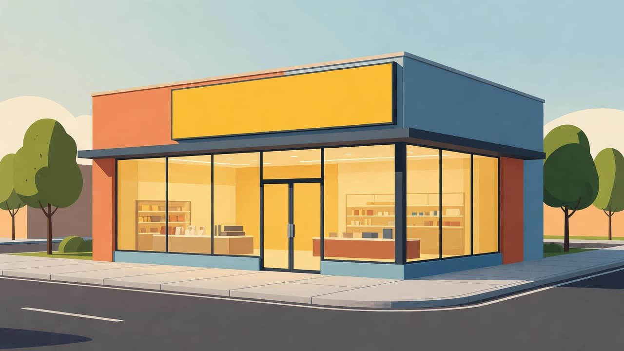 A vibrant storefront featuring expansive glass windows and sleek signage under soft warm lighting. The street-level facade uses clean architectural lines and a bright color palette to attract potential local customers.