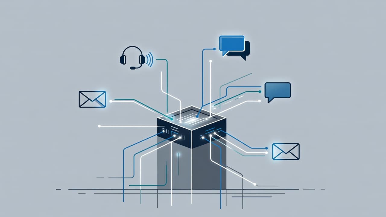 A central digital terminal serves as the main hub, surrounded by glowing abstract icons representing voice calls, chat bubbles, and messaging services connected by thin, precise lines in a clean space.
