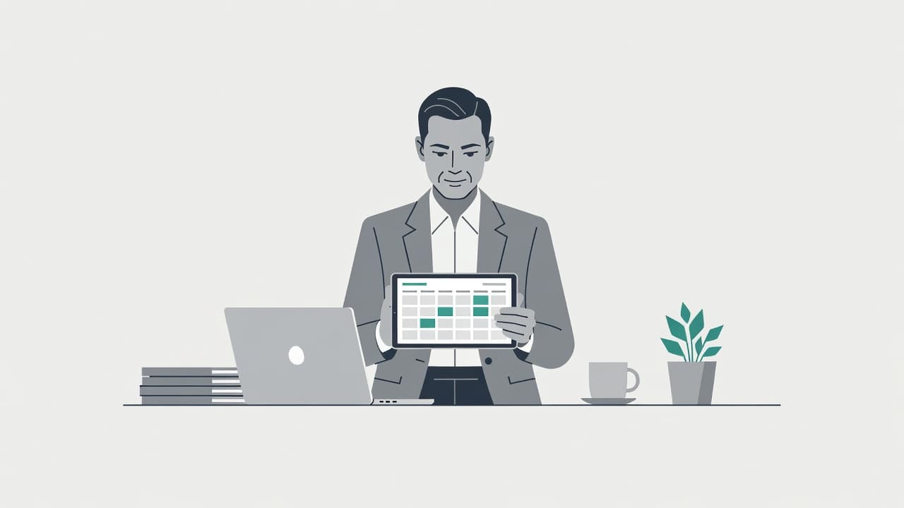 A business owner reviewing a digital content calendar on a tablet.