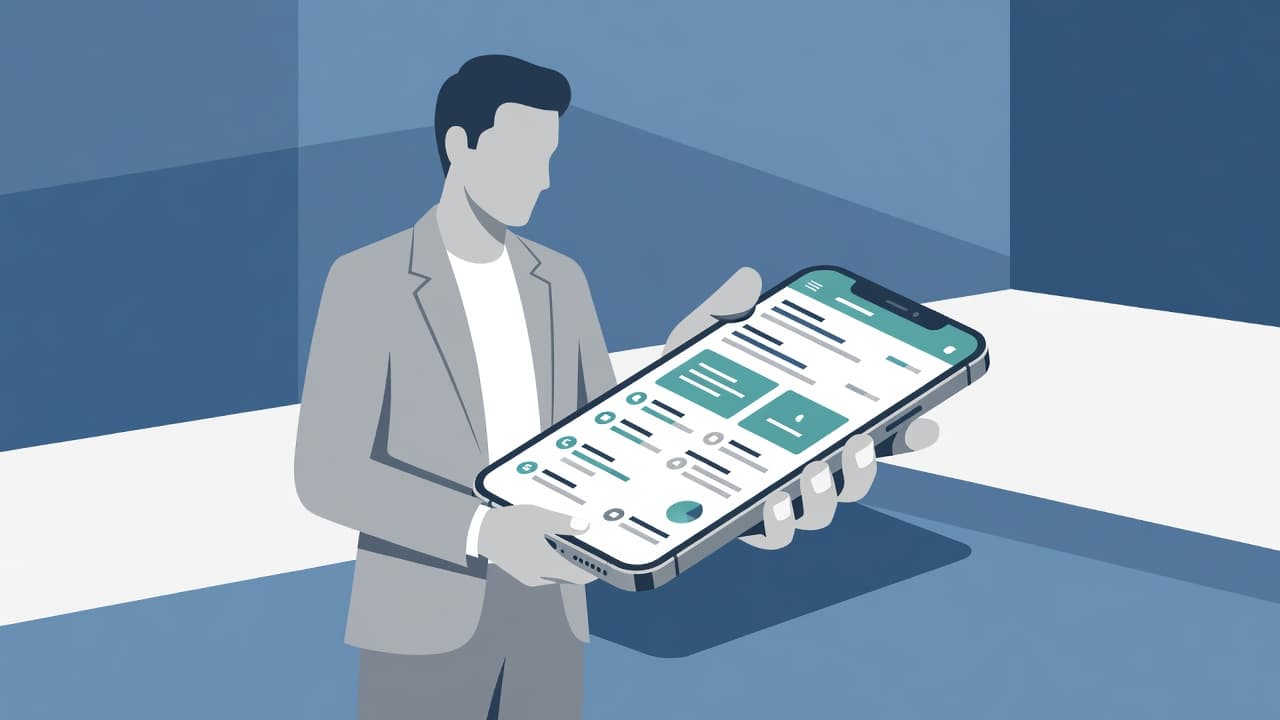 A focused individual in professional attire holds a smartphone displaying a clean interface of analytical data. Soft geometric shapes define the background while glowing bars represent growth metrics on the screen.