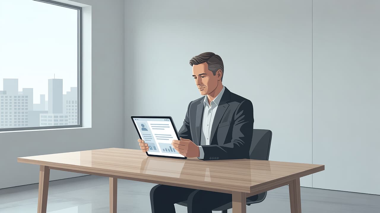 A focused individual in a sleek, sunlit office environment holds a handheld tablet displaying a clean digital interface. Soft natural light illuminates the modern workspace while creating a calm atmosphere.