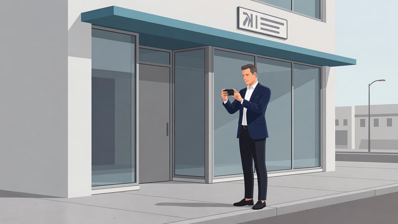 A business owner holds a smartphone up to capture a professional verification video of their storefront. The composition highlights the shop entrance, exterior building details, and adjacent street signs in illustration.