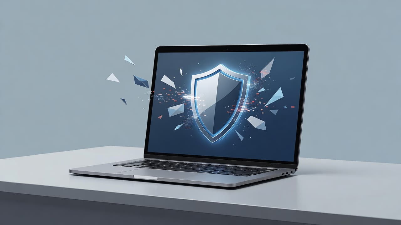 A laptop on a clean desk with a glowing shield blocking digital spam.
